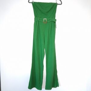 Monteau Jumpsuit Strapless Green Linen Blend High Waist Wide Leg Crop